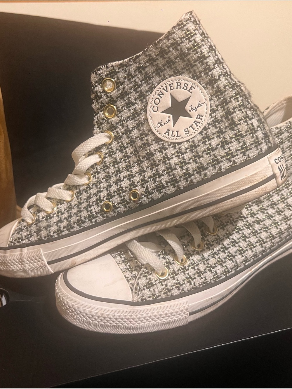 Converse Women's High Top Tweed Sneakers in Black & White gold accent thread - Picture 2 of 7